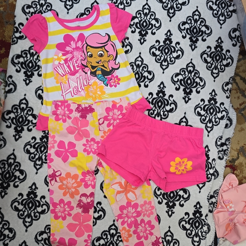 Kids Pink Floral Pajama Set - Short Sleeve Top, Pants & Shorts